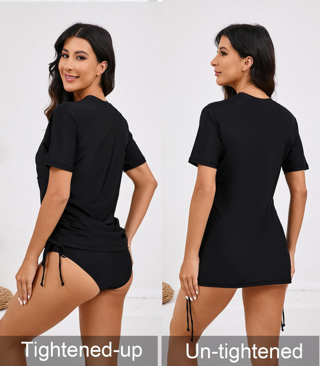 Halcurt Women's Short Sleeve Rash Guard Swim Shirt with Bra Half Zip Tie Drawstring UPF50+ Swimsuit Top Black L
