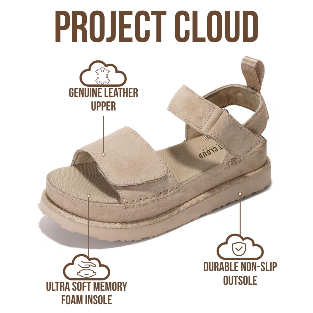 Project Cloud 100% Genuine Leather Platform Sandals For Women - Memory Foam Insole Slip Resistant Chunky Womens Sandals with adjustable straps - Wedge Sandals for Women 2026 (Bronzestar, WHEATSDE,8)