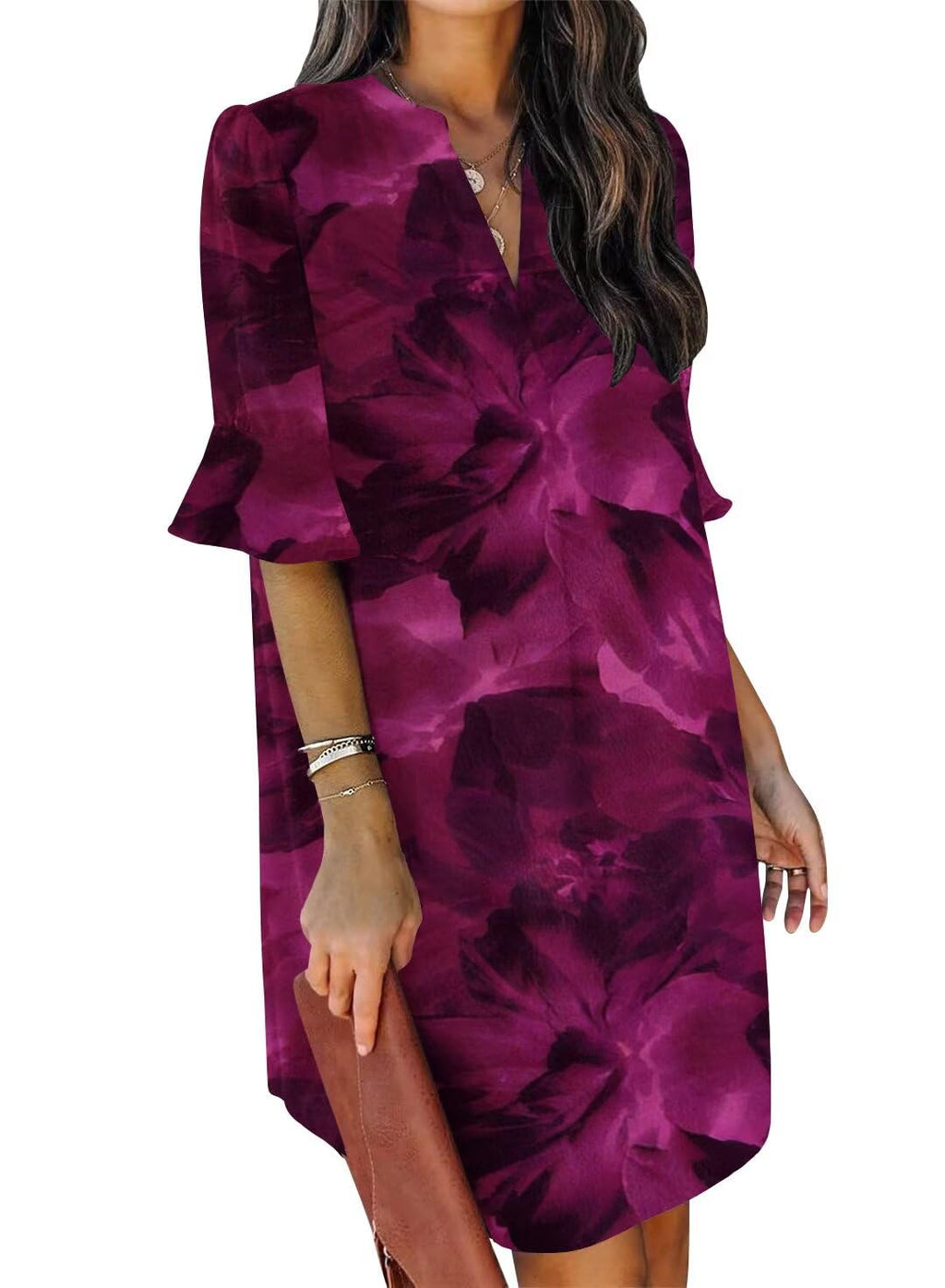 QACOHU Women's Ruffle Dresses Short Sleeve V-Neck Straight Casual Elegant Boho Simple Tunic Dress Purple Flower L