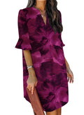 QACOHU Women's Ruffle Dresses Short Sleeve V-Neck Straight Casual Elegant Boho Simple Tunic Dress Purple Flower L