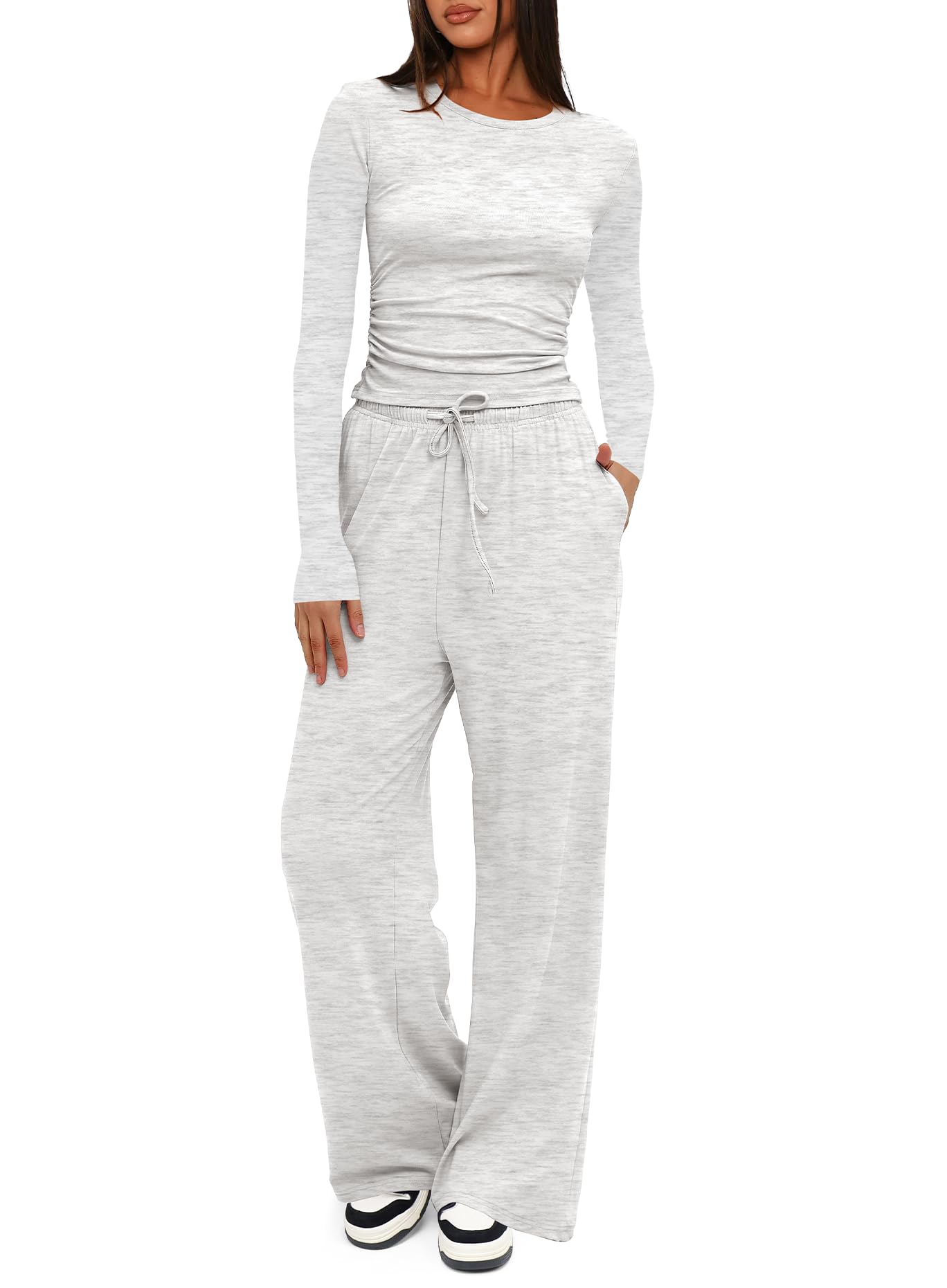 Darong Women's 2 Piece Lounge Sets Long Sleeve Tops Wide Leg Pants Casual Outfits Pajama Set Fall Collection 9065A White Grey M