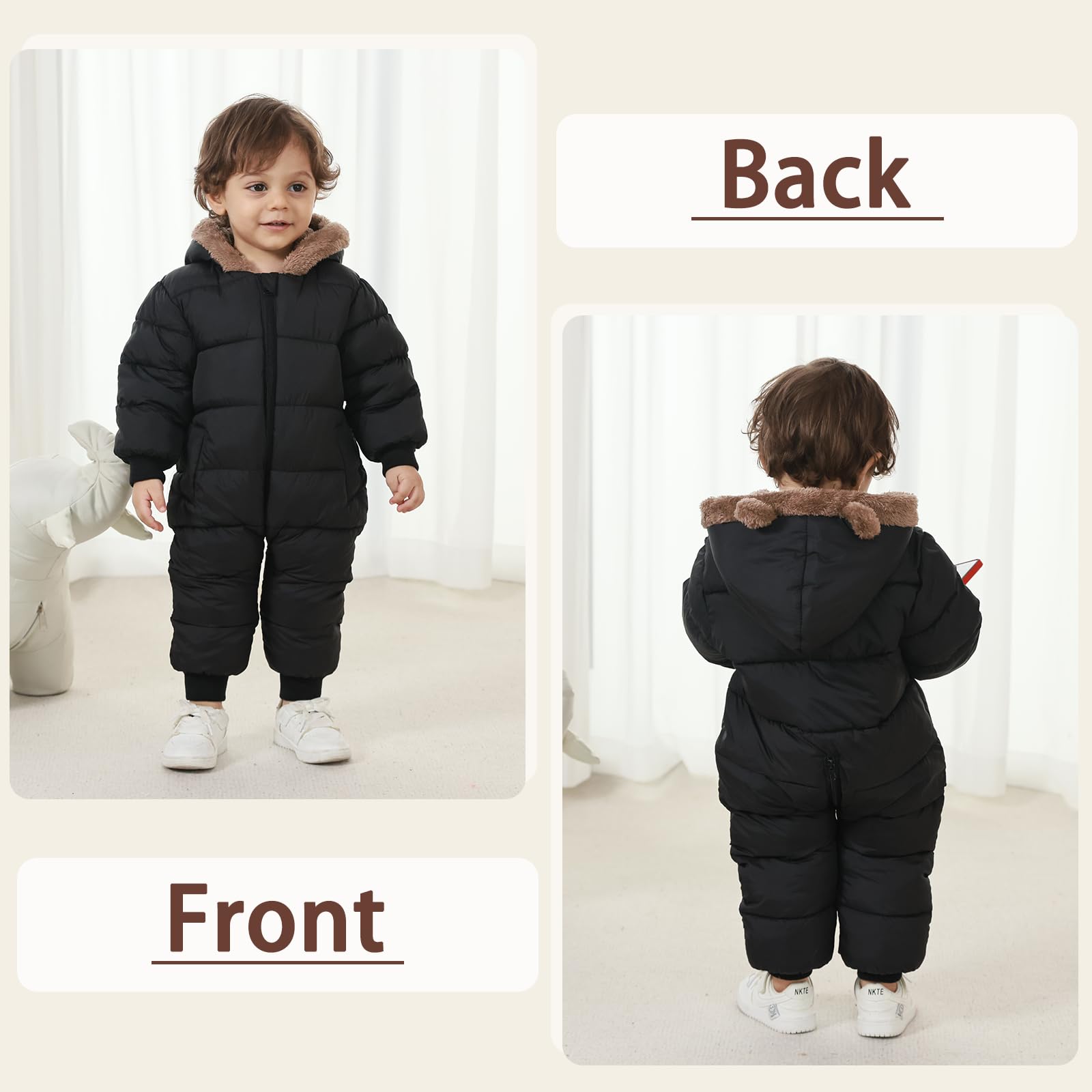 AiWMGL Baby Boys Girls Snowsuit 2T 3T Cute Toddler Infant Winter Clothes Suit Hooded Jumpsuit Romper Bear Outfit Infant Warm Coat Outwear Overcoat Black
