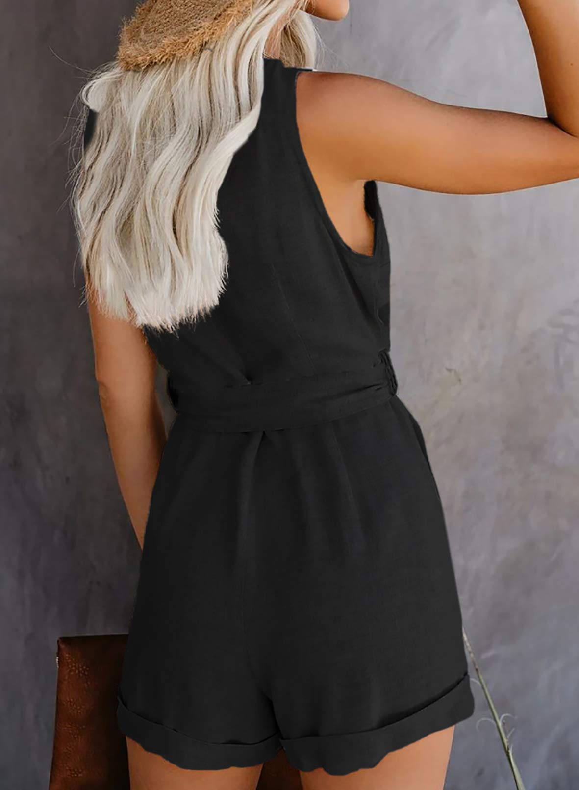 Acelitt Women Casual V Neck Sleeveless Button Down Belted Summer Short Jumpsuit Rompers Playsuit Short Pants with Pockets Black Medium