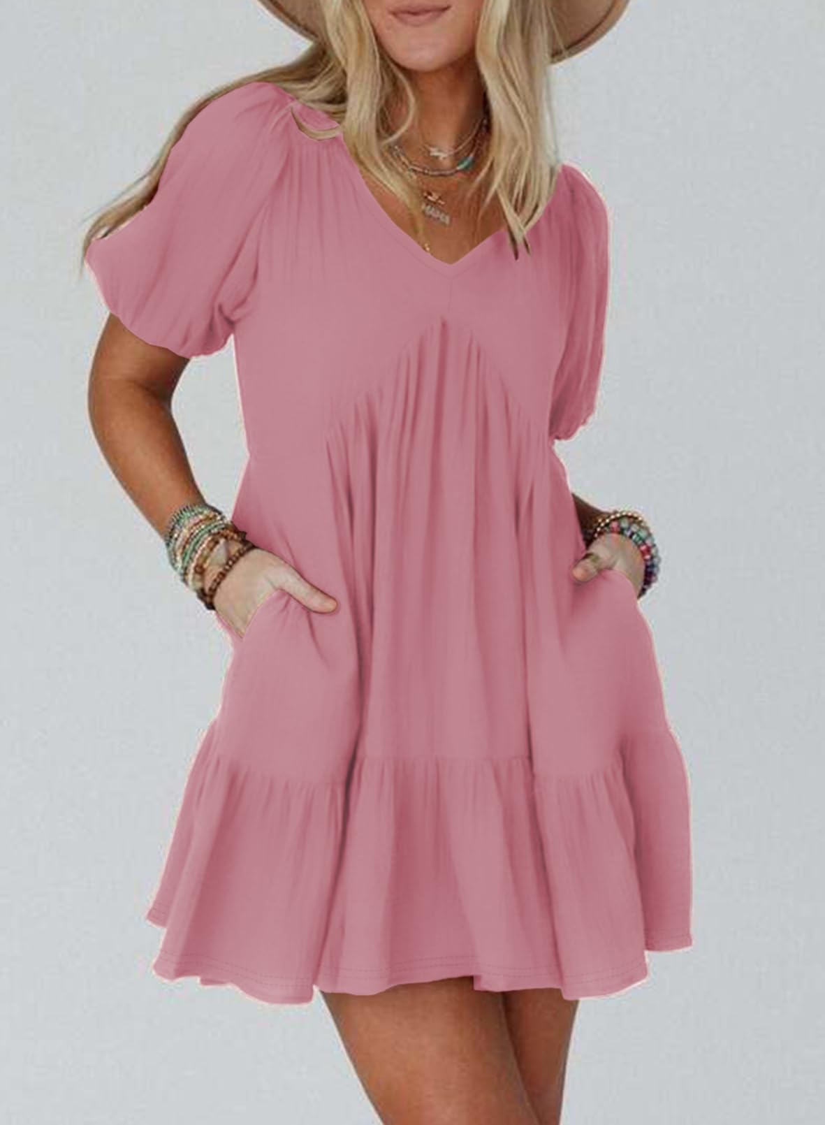 Acelitt Women's Summer Dresses 2026 Beach Casual Deep V Neck Loose Sundress Short Sleeve Mini Dress with Pockets Pink Large