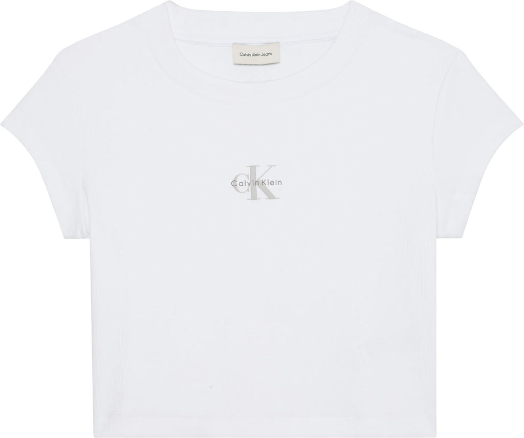 Calvin Klein Women's Monogram Logo Ribbed Baby Tee Brilliant White