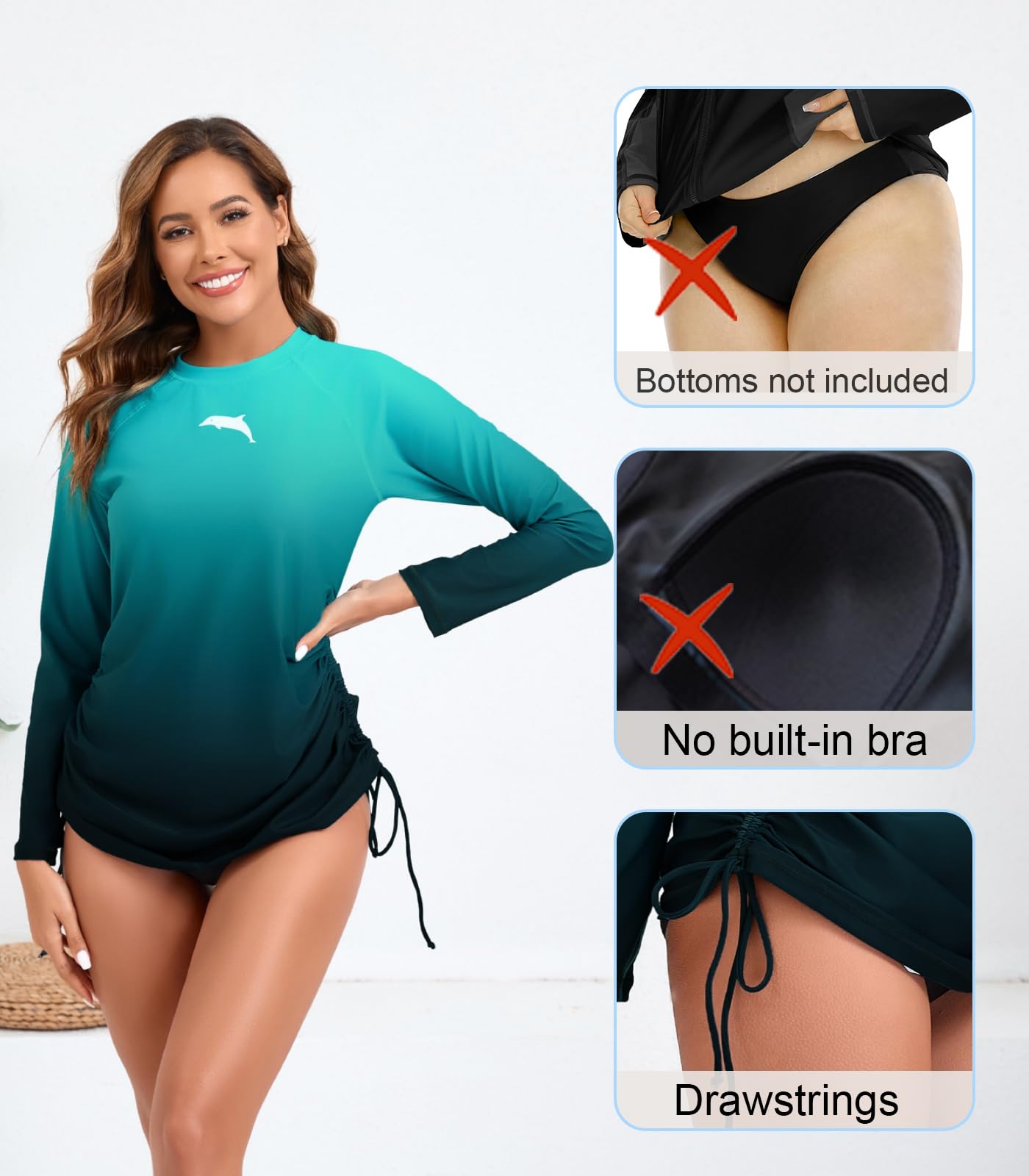 Halcurt Women's Long Sleeve Rash Guard Swim Shirt with Tie Drawstring UPF 50+ Sun Protection Swimsuit Top Ombre Green M