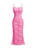 GORGLITTER Women's Floral Spring Summer Wedding Guest Dress Bridal Shower Cocktail Tea Party Beach Midi Sun Dress 2026 Hot Pink Florals Small