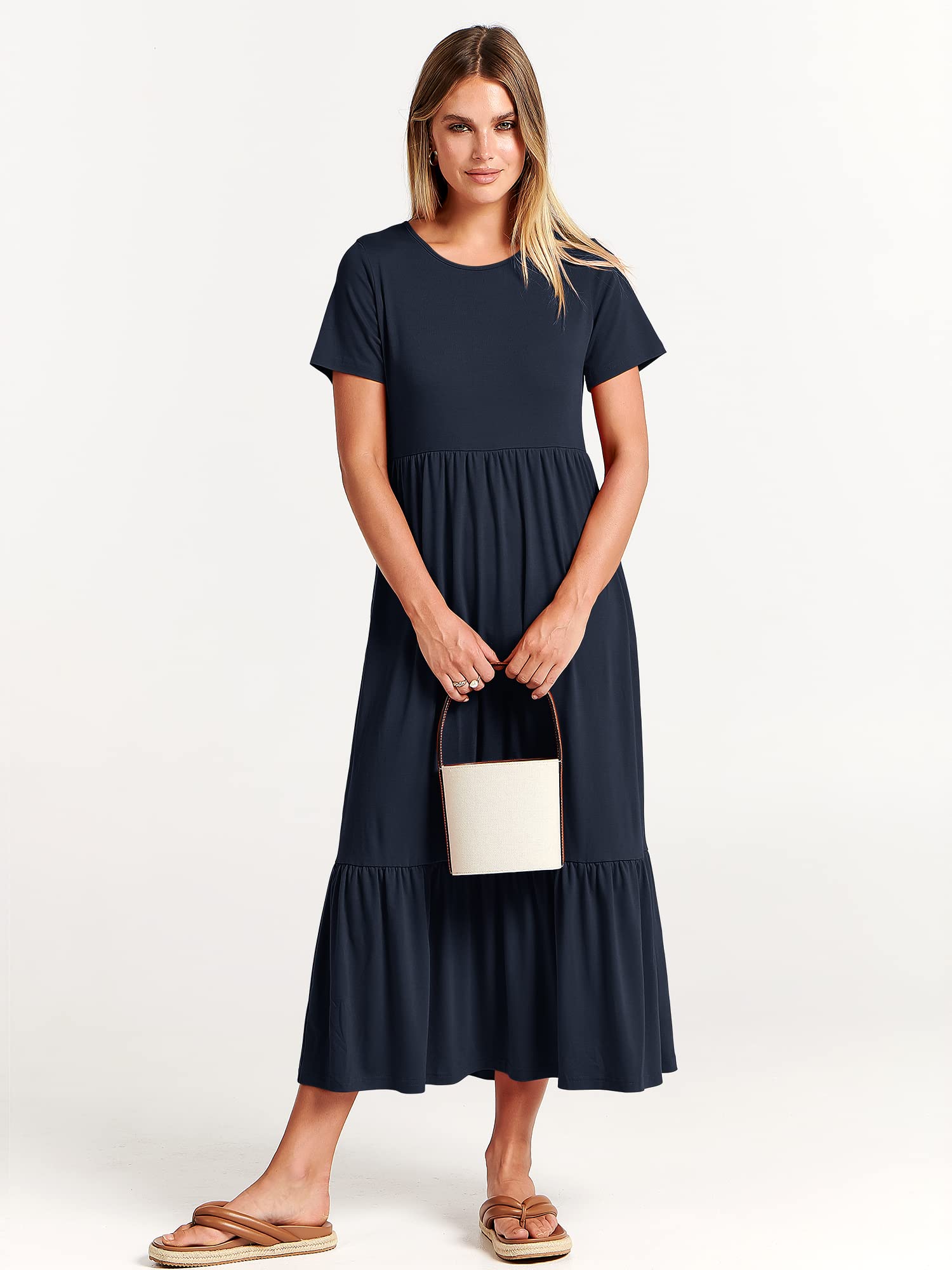 ANRABESS Womens 2025 Summer Casual Maxi Dress A line Tiered Flowy Short Sleeve Crewneck T Shirt Beach Travel Long Dresses X-Large Navy Blue
