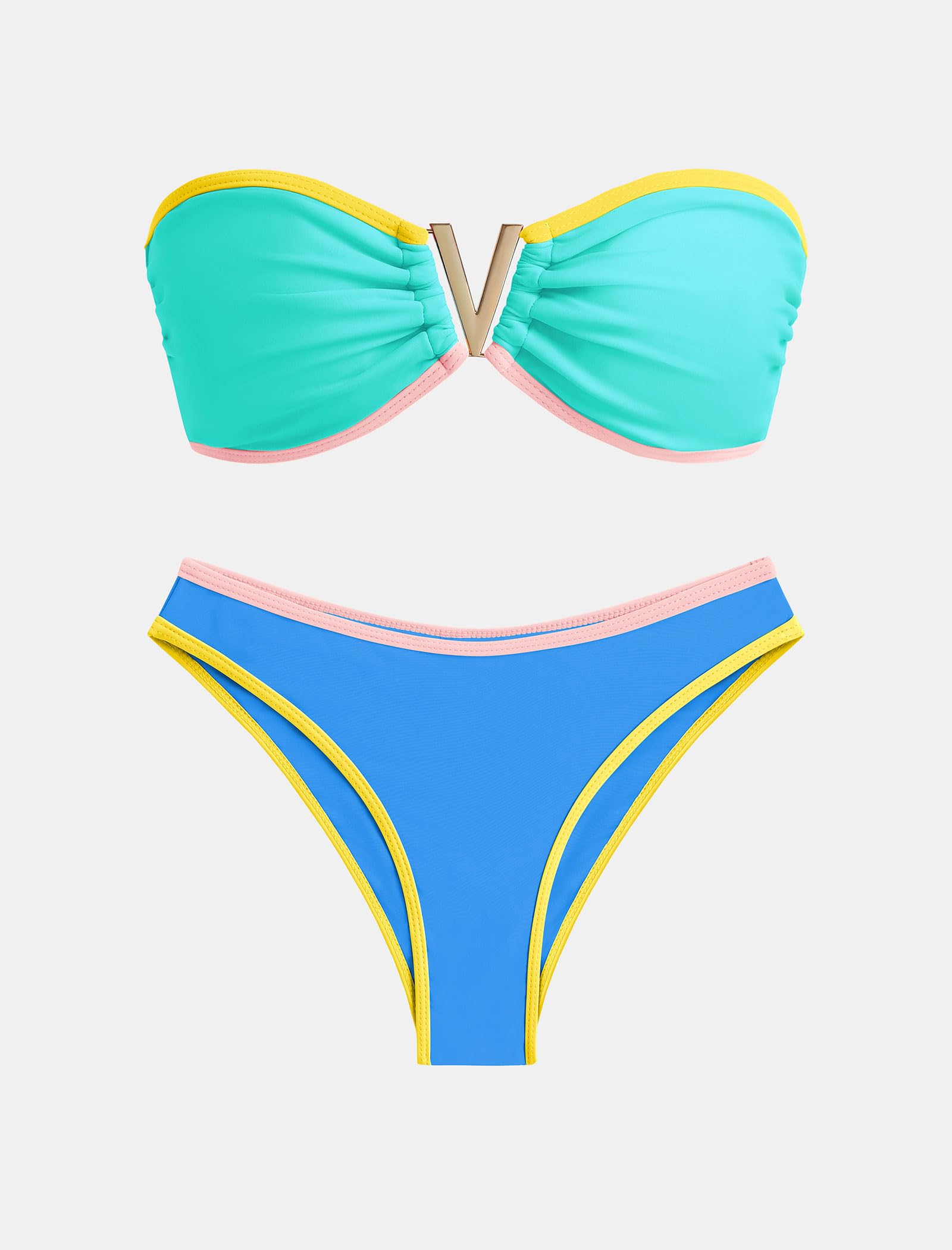 ZAFUL Women's Bandeau Bikini V Strapless Confetti Colorblock Tie Back High Cut Two Piece Swimsuit Bathing Suits (1-Turquoise, M)
