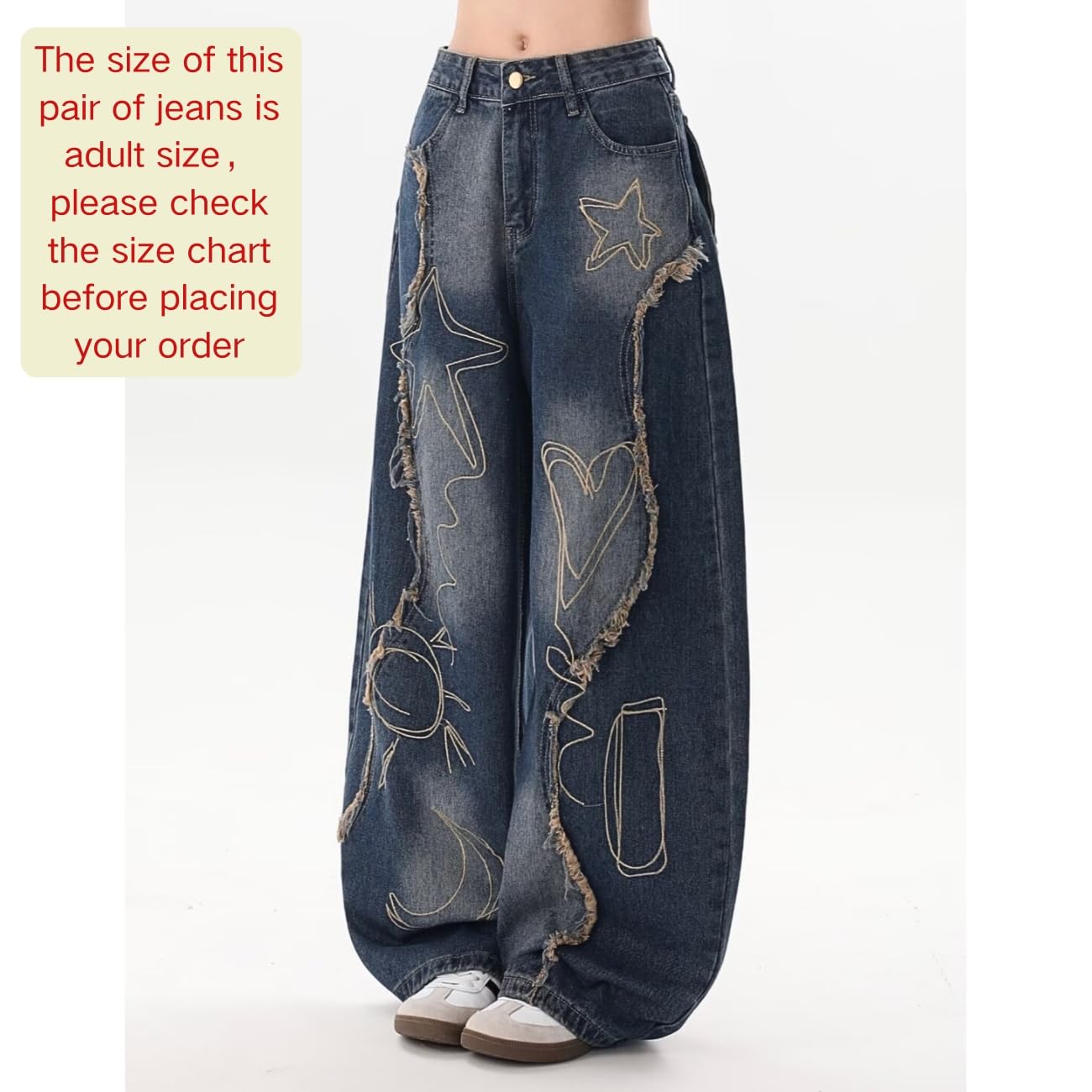 OTEEGX Baggy Jeans for Women Girls Star Wide Leg Barrel Jeans Embroidered Patchwork Cute Denim Pants Trendy Clothes Blue1-S
