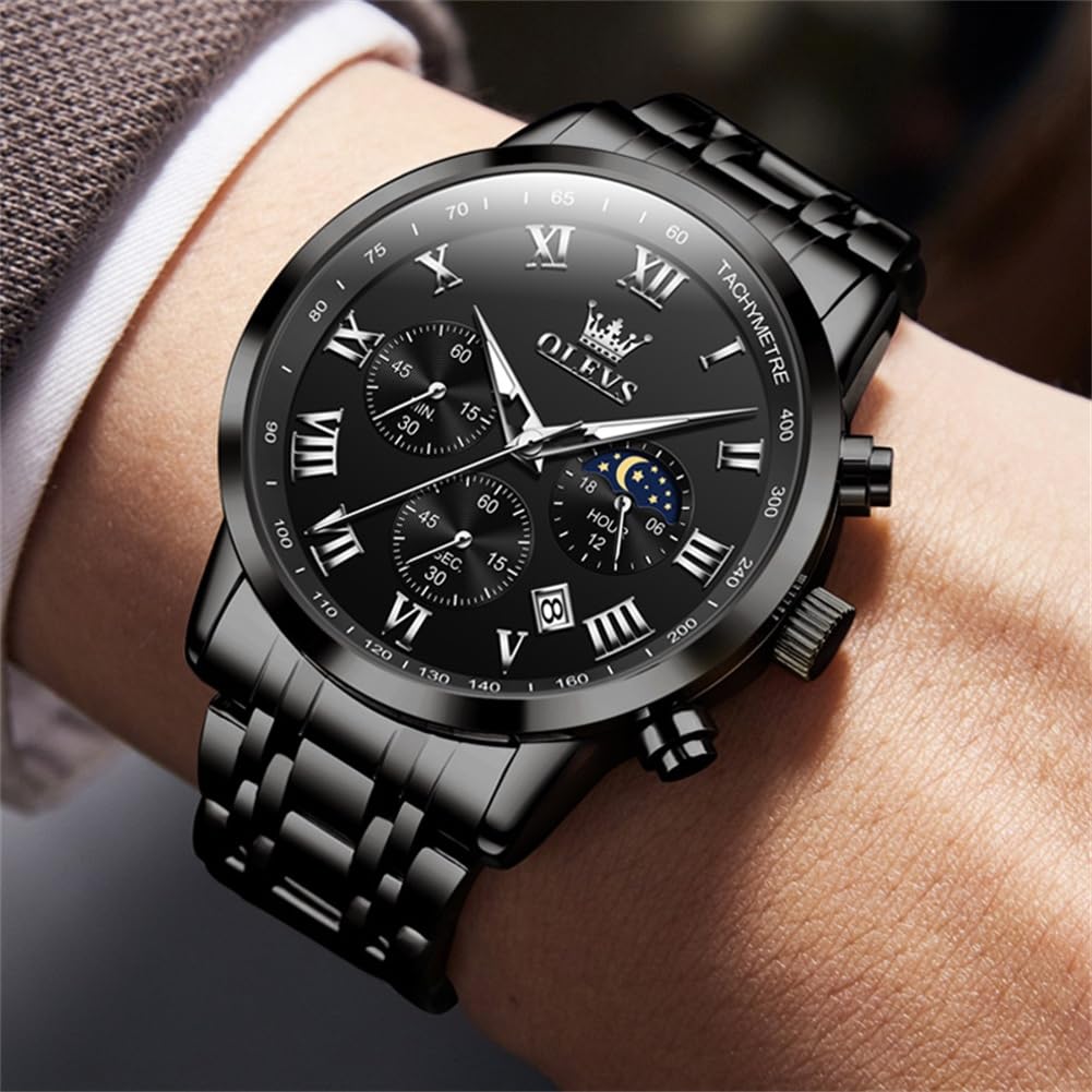 OLEVS Watch Men Luxury Black Watches for Men Dress Luminous Waterproof Analog Quartz Mens Watches with Date Fashion Stainless Steel Large Face Chronograph Moon Phase Classic Wrist Watch for Man