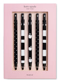 Kate Spade New York Black Ink Pen Set of 5, Cute Plastic Click Pens, Dots and Stripes