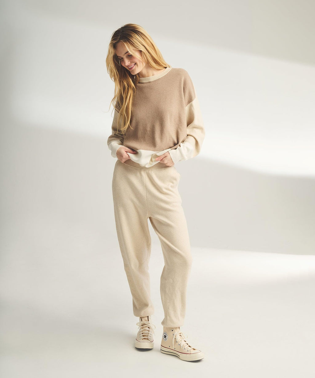 NAADAM Women Cafe Cotton Cashmere Colorblock Sweatshirt, Oatmeal Combo,Medium
