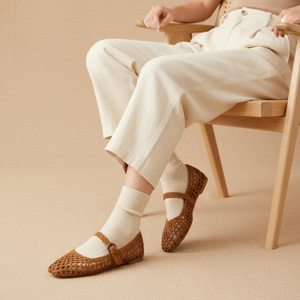 CUSHIONAIRE Weston Hand Woven Mary Jane Flats for Women, Comfortable Dressy Ballet Flats with Braided Adjustable Buckle and Memory Foam Cushioning, Cognac 8