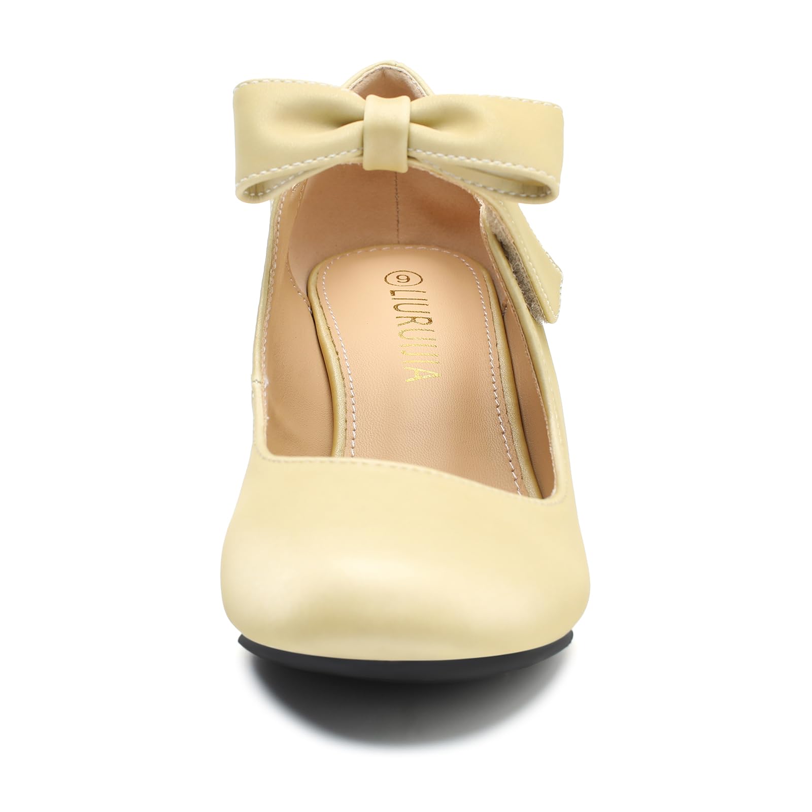 LIURUIJIA Women's Mary Jane Bow Kitten Heel Silk Pumps Round Toe Low Heel Dress Shoes for Wedding, Bridal, Party Champagne Size 8.5