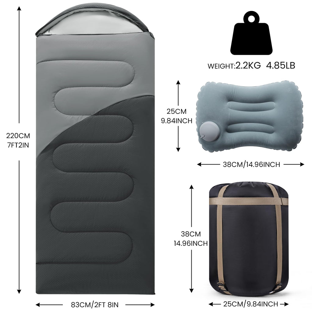 3-4 Season Sleeping Bag with Inflatable Pillow, Water-Resistant Taffeta, Windproof, Breathable Foot Zippers, Soft Brushed Inner, Foldable for Camping, Travel, Hiking & Home Use(Dark Grey)