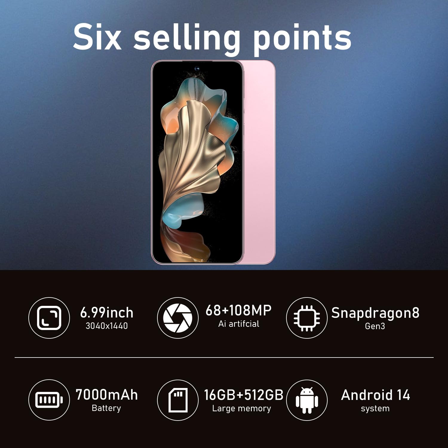VSQAOF 16PM Unlocked Phone,16+512GB Smartphone, Android 14.0, Long Battery Life 7000mAh,6.99" Display 68+108MP Zoom Camera,with Dual SIM, Fingerprint Lock, Face ID (Pink)