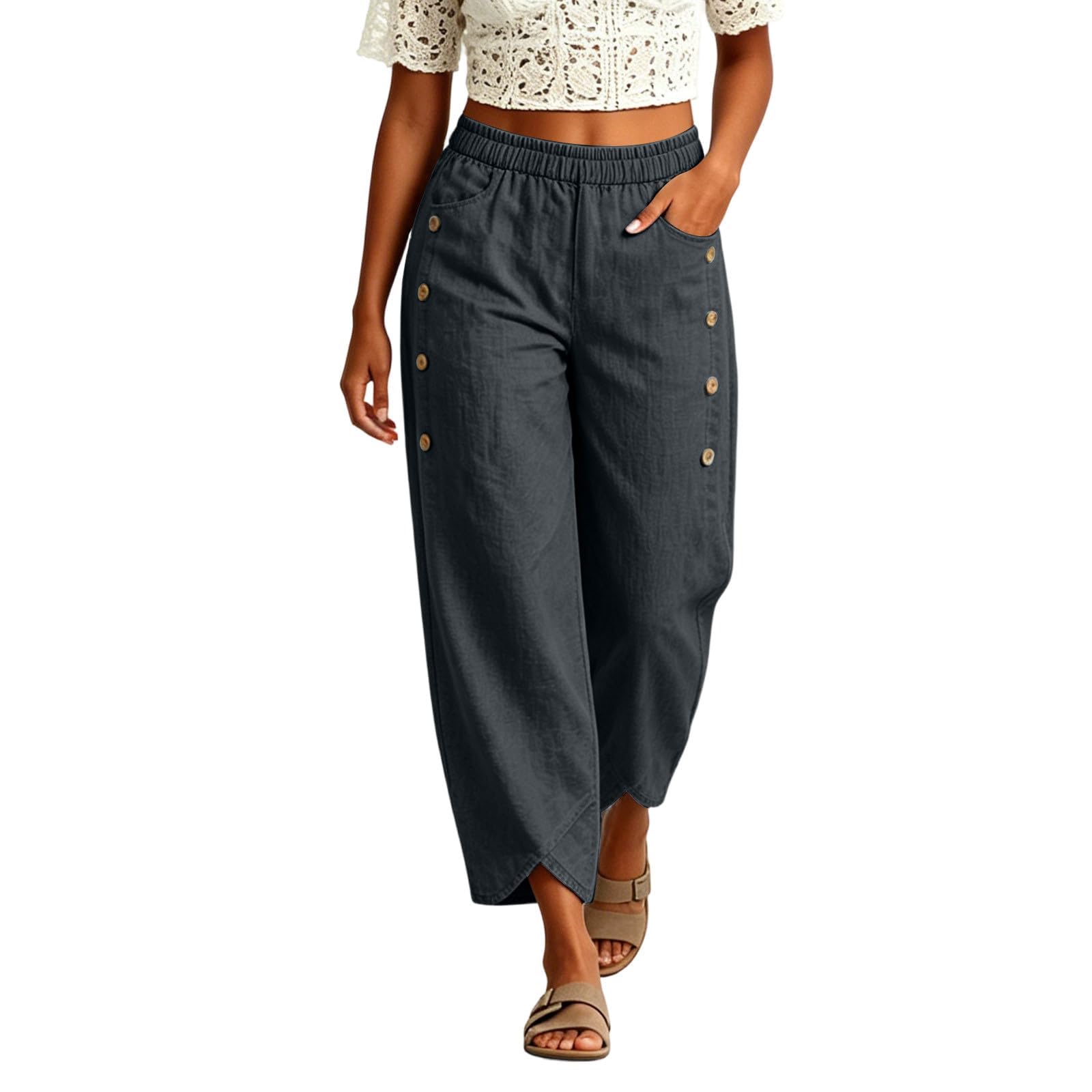 Wide Leg Pants for Women Elastic Waist Cotton Linen Wide Leg Pants Womens Baggy Side Button Split Hem High Waist Trousers Beach Vacation Outfits Plus Size Linen Cropped Wide Leg Capri Dark Gray M