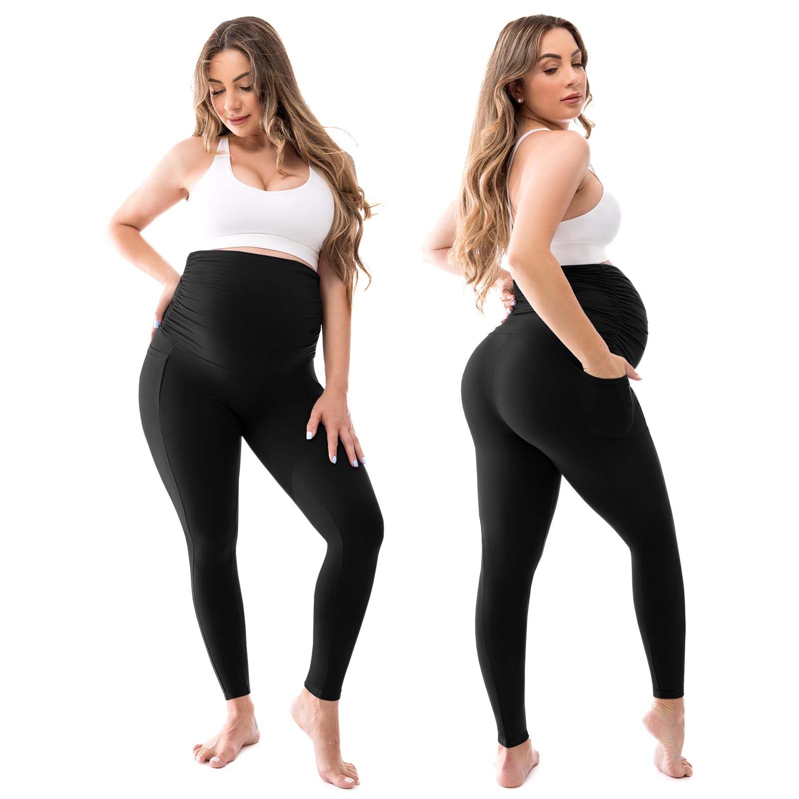 Walifrey Women's Maternity Leggings with Pockets Over The Belly,Pregnancy Yoga Pants Activewear Workout Leggings Burgundy M