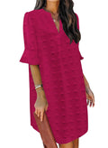 QACOHU Womens Spring Summer Short Sleeve V Neck Mini Dress Chiffon Swiss Dot Flowy Short Dress Rose L