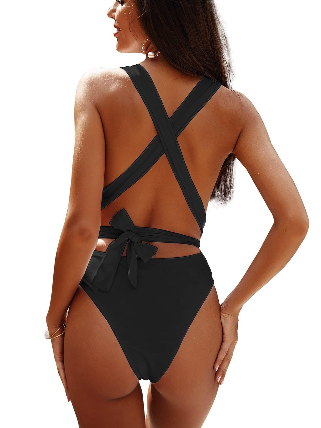 Lilosy Petite Sexy Lace Up Plunge Neck Backless High Waisted Cut Leg Rise Thong Cheeky Brazilian 1 Piece Bikini Swimsuit Women Back Bathing Suit Tie Criss Cross Monokini Black XX-Small