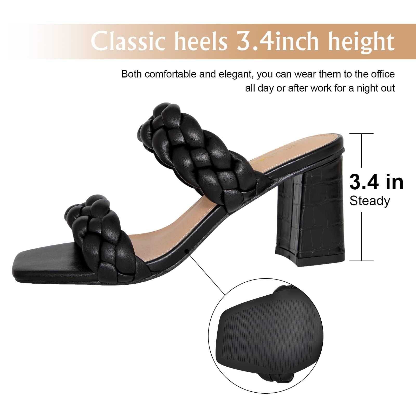 Athlefit Women's Braided Heeled Sandals Summer Square Open Toe Slip on Block Black Heels Size 8