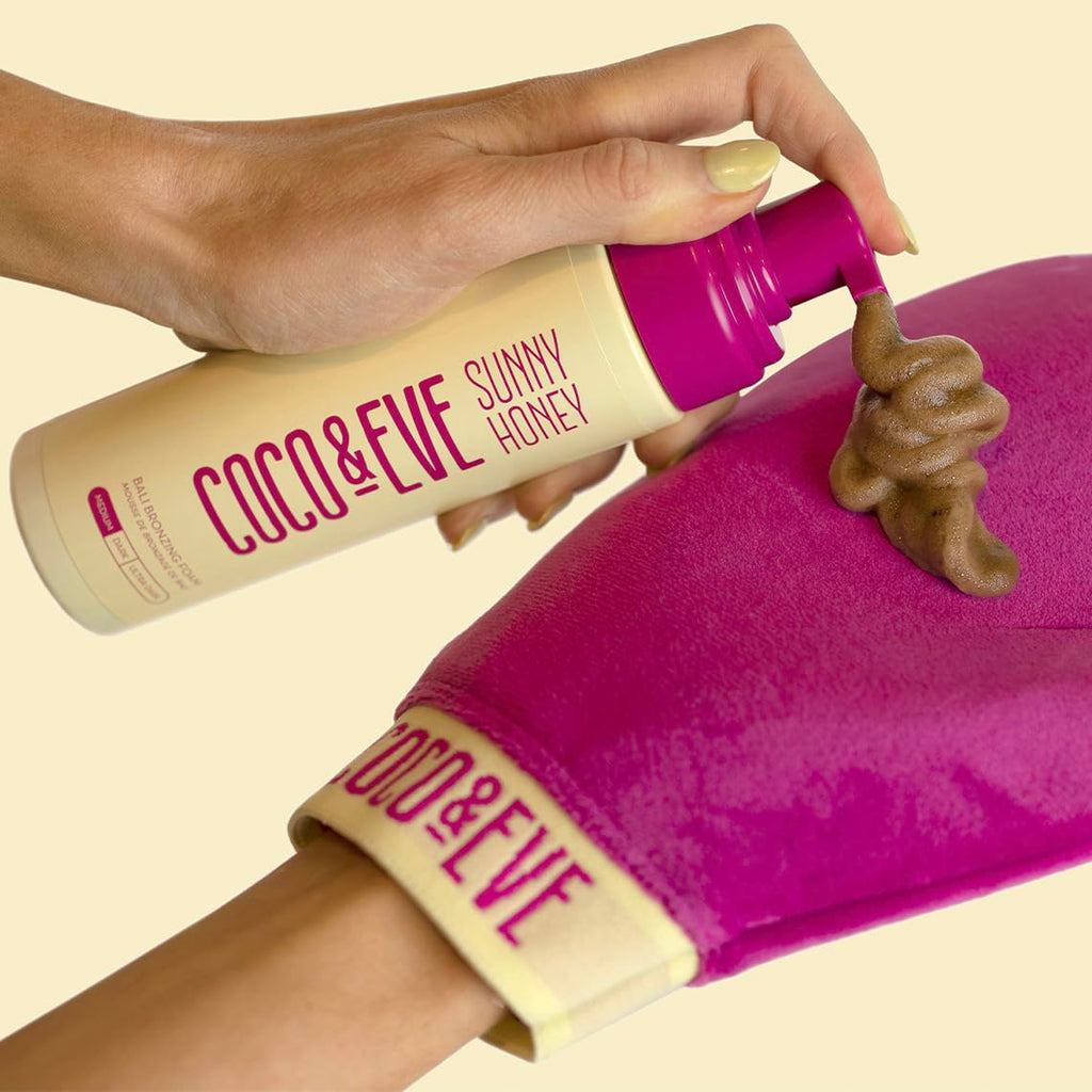 Coco & Eve Self Tanner Mousse Kit - (Medium) All Natural Sunless Instant Self Tanning Lotion with Bronzer & Mitt Applicator | Sunny Honey Bali Bronzing Kit