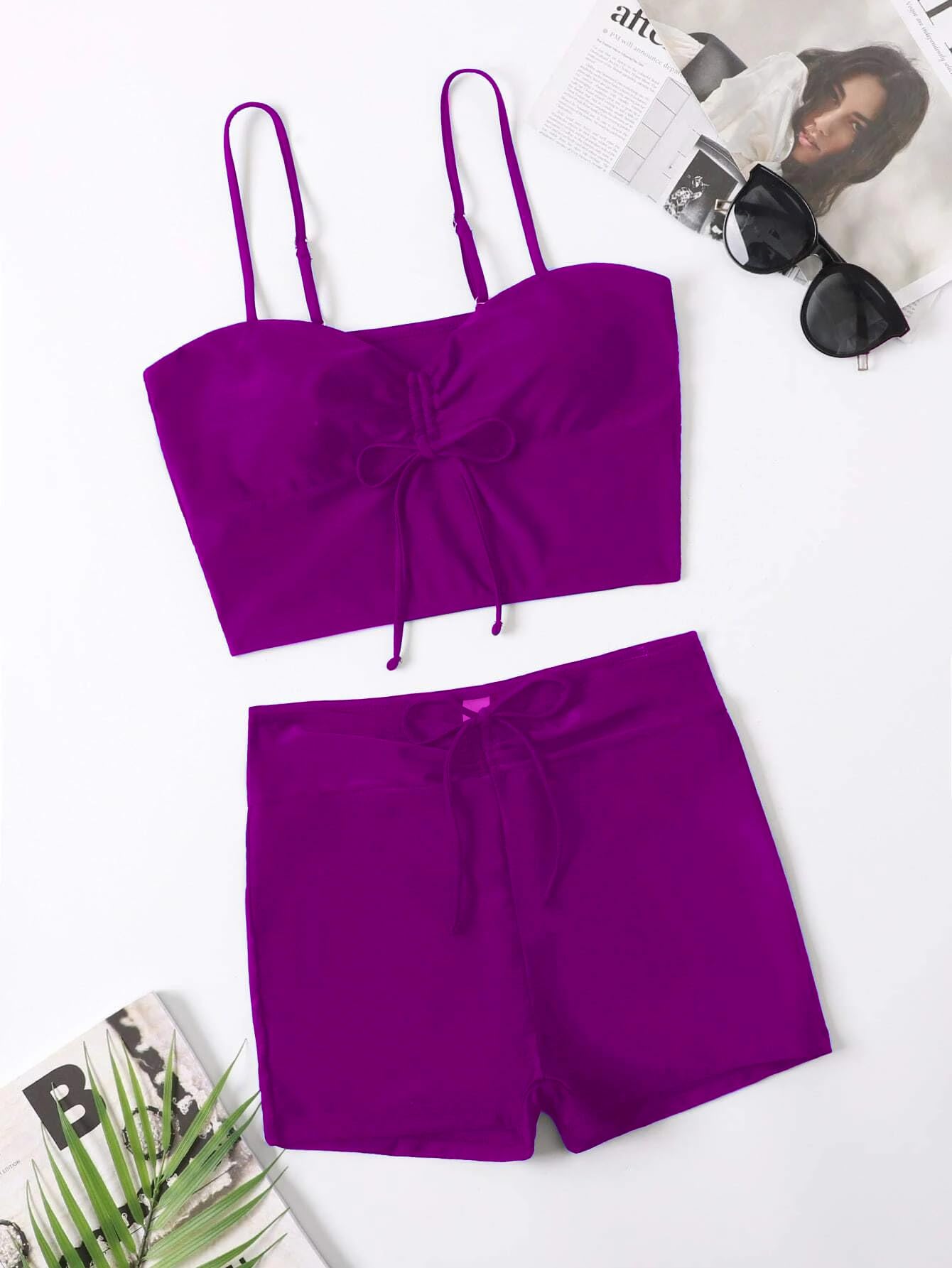 Lilosy High Waisted Tummy Control Drawstring Bikini Set String Swimsuit Cami Top and Tie Side Shorts 2 Piece Women Bathing Suit Purple Small