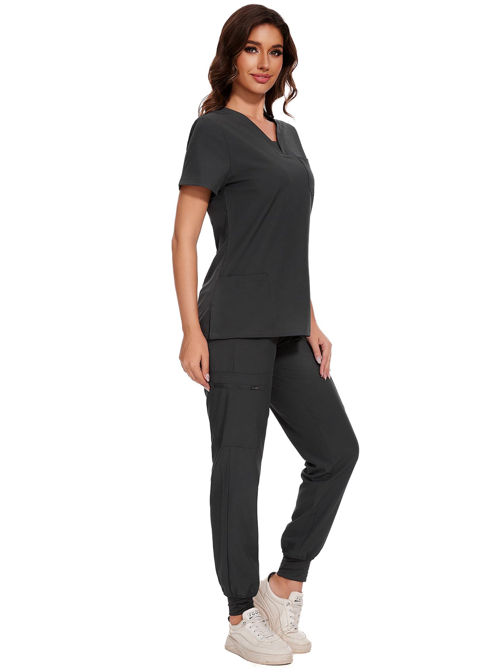 COZYFIT Scrubs for Women - V-Neck Top & Cargo Pants Scrubs Set with 10 Pockets - Dark Grey, XS
