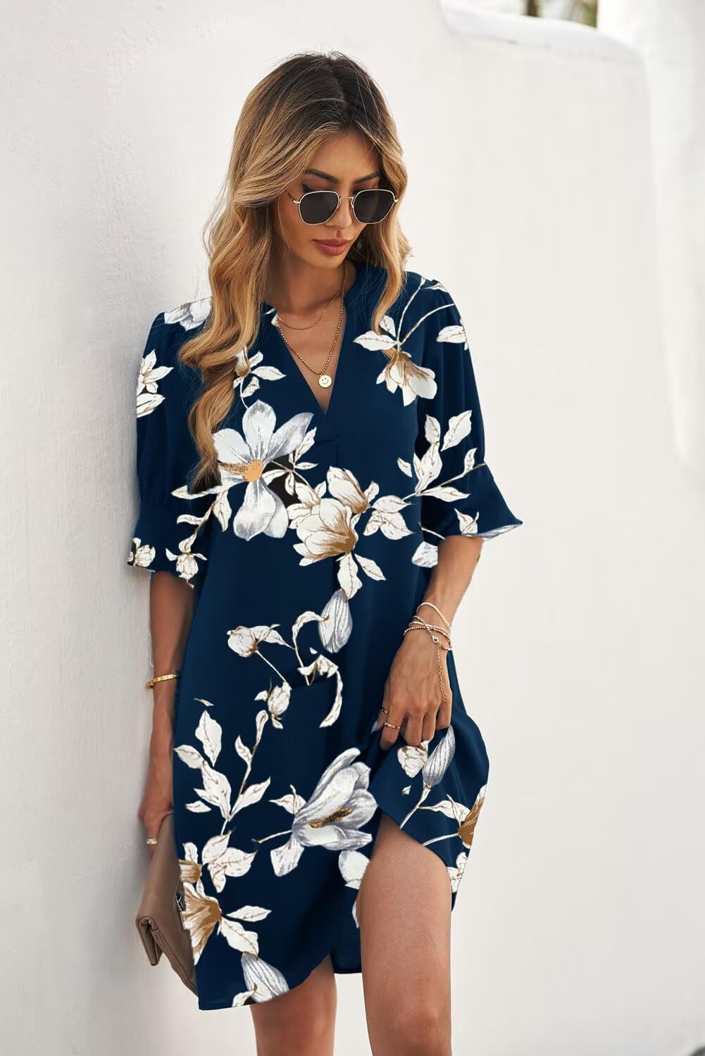 QACOHU Women's Summer Casual Dresses Sundress Ruffle Sleeves Simple V-Neck Shift Dress Blue Flower L