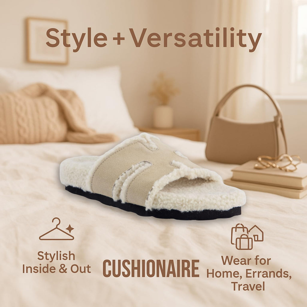 CUSHIONAIRE Cuddle Fur Slippers for Women Faux Shearling Slide Sandal +Memory Foam, cozy slippers, SAND 8