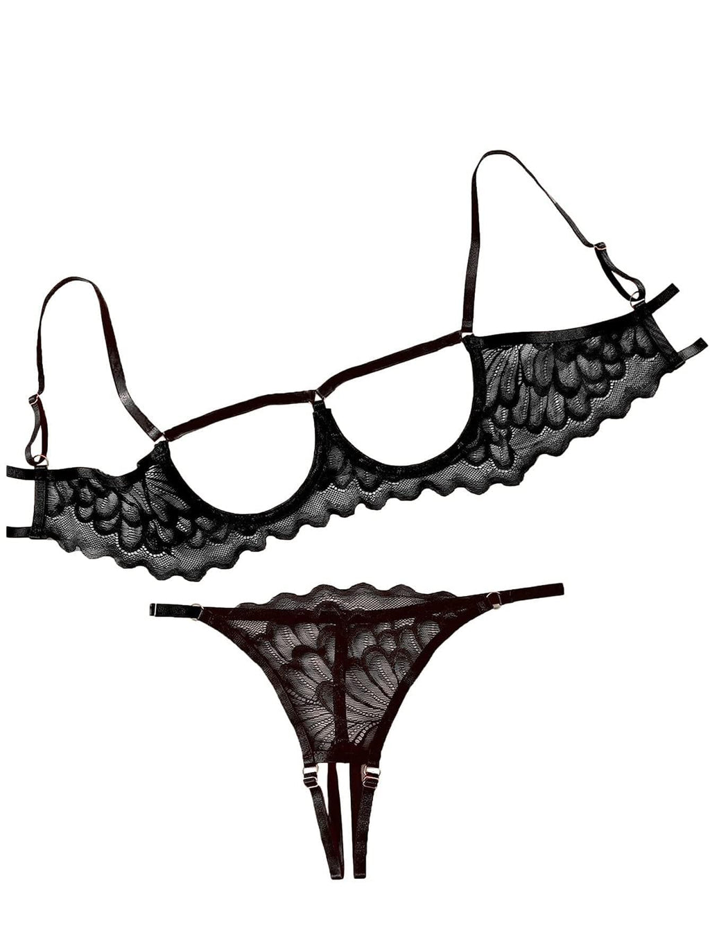 Lilosy Petite Women's Sexy Underwire Floral Lace Sheer Bachelorette Lingerie Set See Through Bra and Panty 2 Piece Black XXX-Small