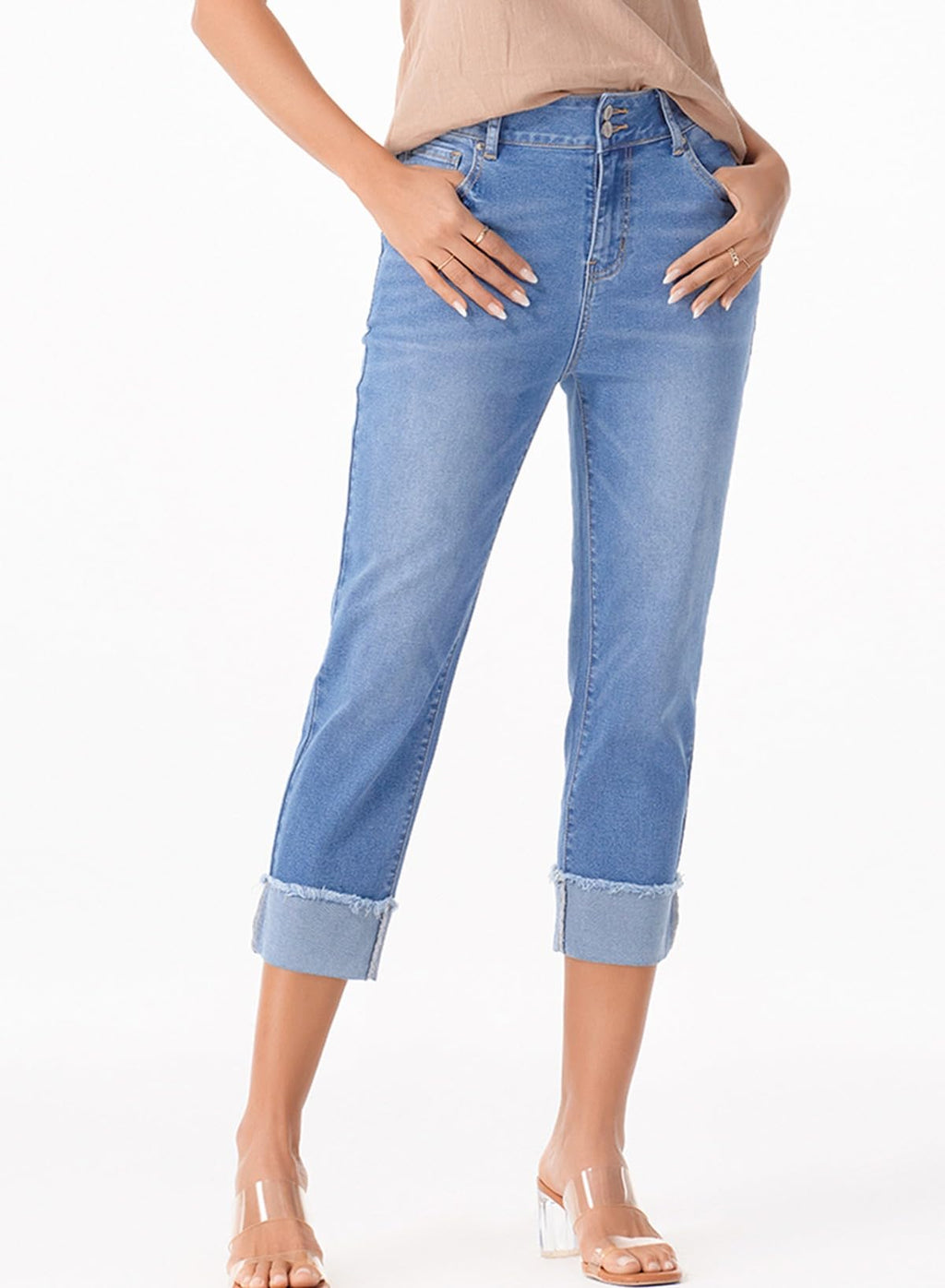 Sidefeel Women's High Waisted Stretchy Skinny Roll-up Summer Cuffed Cropped Denim Capri Pants Light Blue Size 6