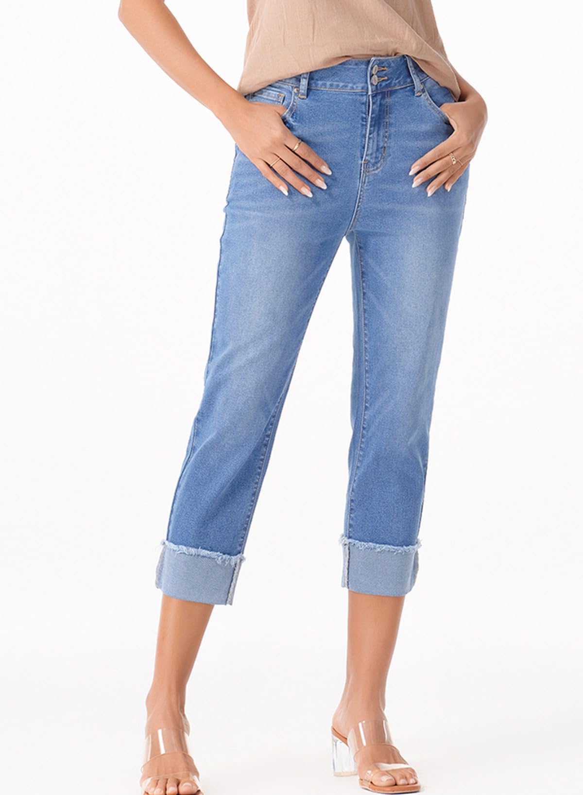 Sidefeel Women's High Waisted Stretchy Skinny Roll-up Summer Cuffed Cropped Denim Capri Pants Light Blue Size 6