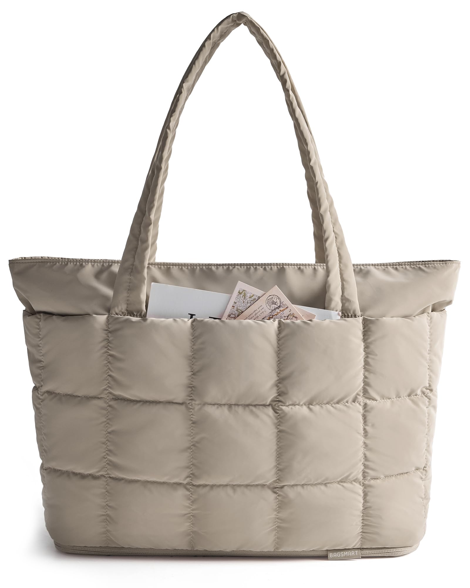 BAGSMART Expandable Tote Bag for Women, Puffer Work Tote Handbag, Quilted Carry On Bag for Travel Gym, Camel, Large