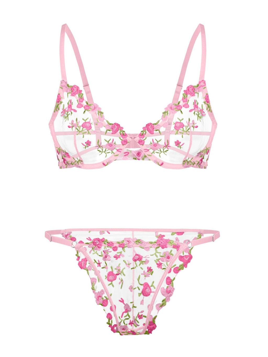 Lilosy Petite Sexy Floral Embroidered Mesh Sheer Underwire Push Up Lingerie Set Women See Through Bra and Panty 2 Piece Sun Flower Pink XX-Small