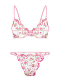 Lilosy Petite Sexy Floral Embroidered Mesh Sheer Underwire Push Up Lingerie Set Women See Through Bra and Panty 2 Piece Sun Flower Pink XX-Small