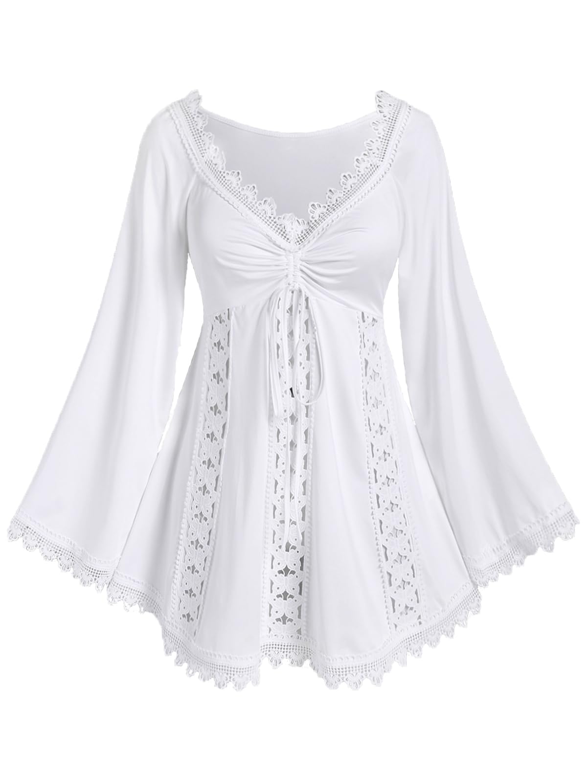 ROSE GAL Women Plus Size Renaissance Peasant Blouses Lace Trim Hollow Out Cinched Bell Trumpet Sleeves Pirate Costume Top Medieval Victorian Costume(White_1/1X)