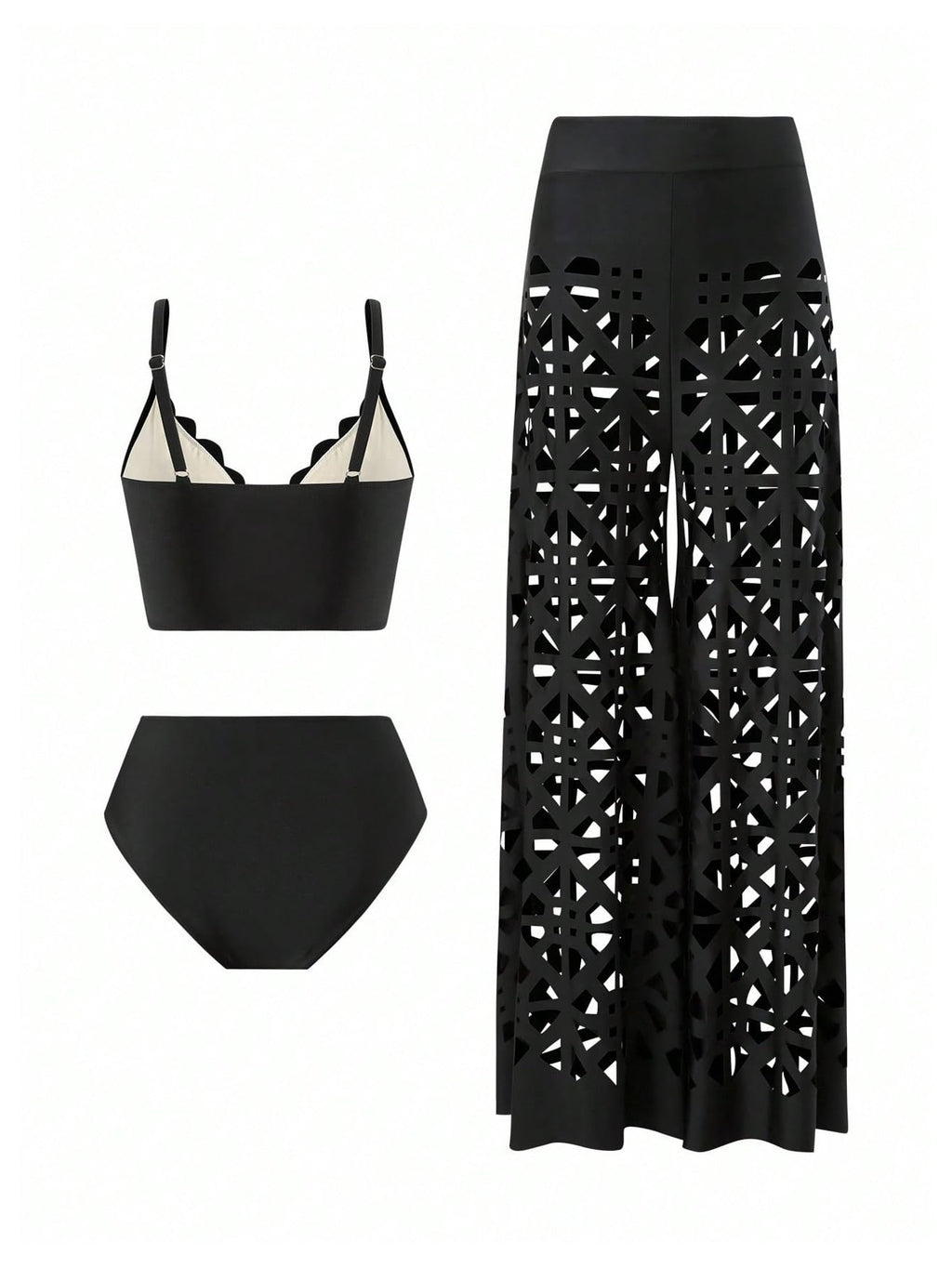 WDIRARA Women's 3 Piece Swimsuit Hollow Out Bikini Set with Cover Up Pants Black X-Large