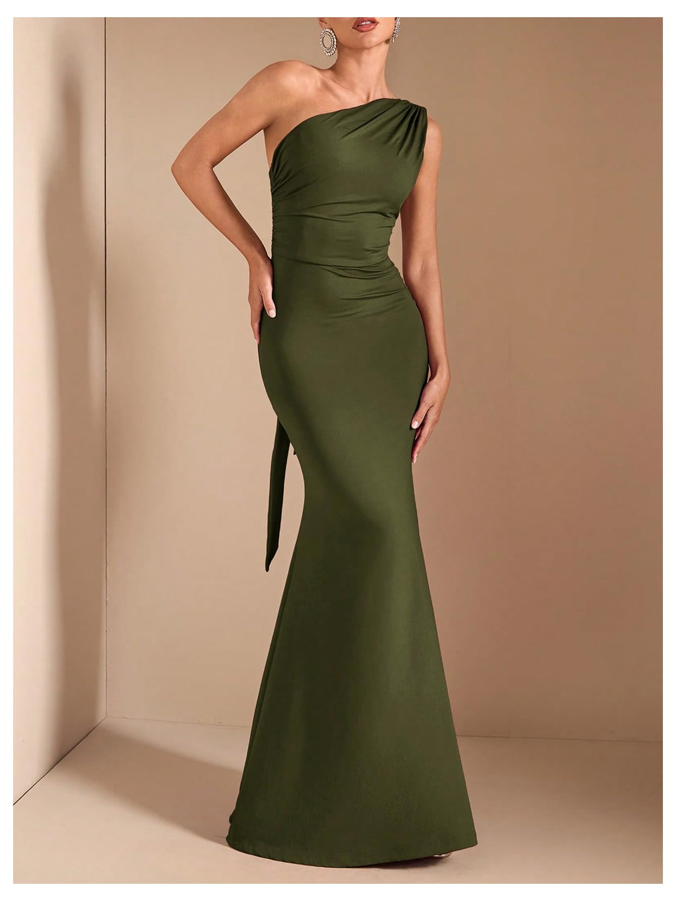 Verdusa Women's One Shoulder Maxi Formal Dresses Tie Backless Wedding Guest Dress Elegant Festival Date Night Outfits Army Green Small