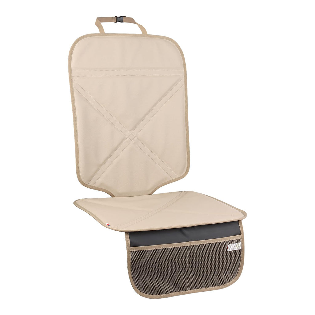 Viaviat Car Seat Protector Leather Waterproof Child Safety Seat Protector Cover with Thick Pad and 2 Large Pockets Durable Kick Mat for All Auto Seat (Beige)