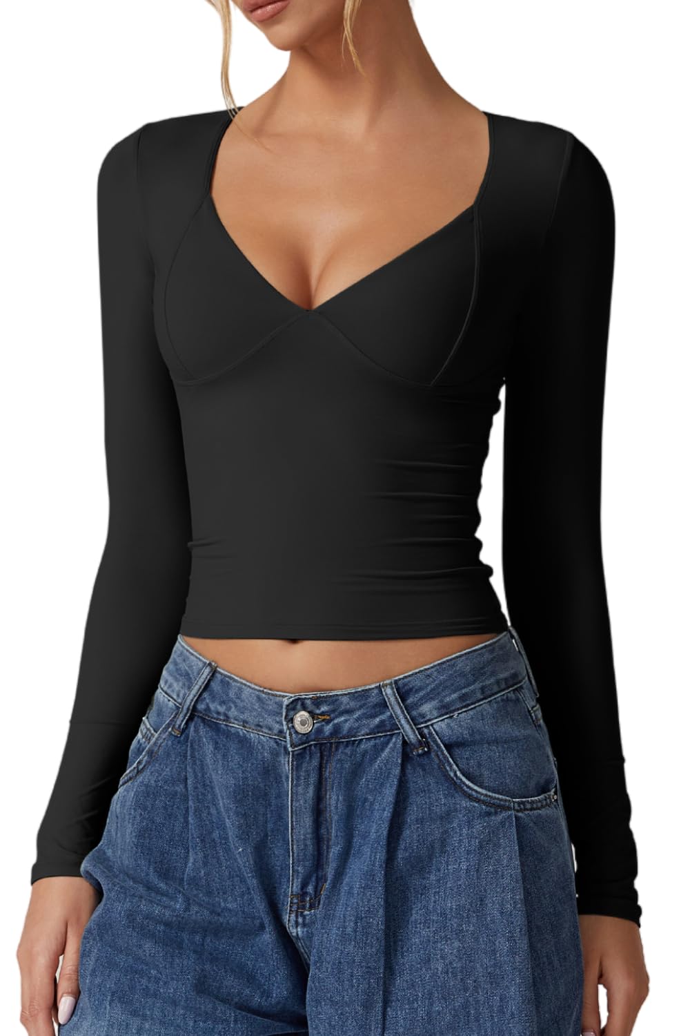 QINSEN Long Sleeve V Neck T Shirts for Women Double Lined Tee Sexy Seamed Cup Going Out Tops Black S
