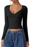 QINSEN Long Sleeve V Neck T Shirts for Women Double Lined Tee Sexy Seamed Cup Going Out Tops Black S