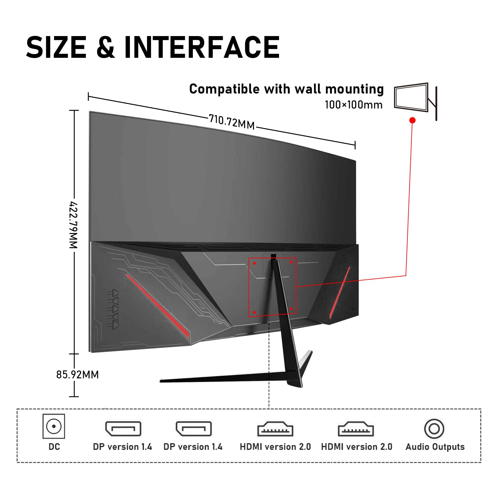 Gawfolk 32 Inch 4K UHD Curved 1500R Computer Monitor, Ultra-Clear (3840×2160p) Screen, 100% sRGB, 178° Viewing Angle, DisplayPort, HDMI, Compatible with Wall Mounting 100 * 100MM - Black