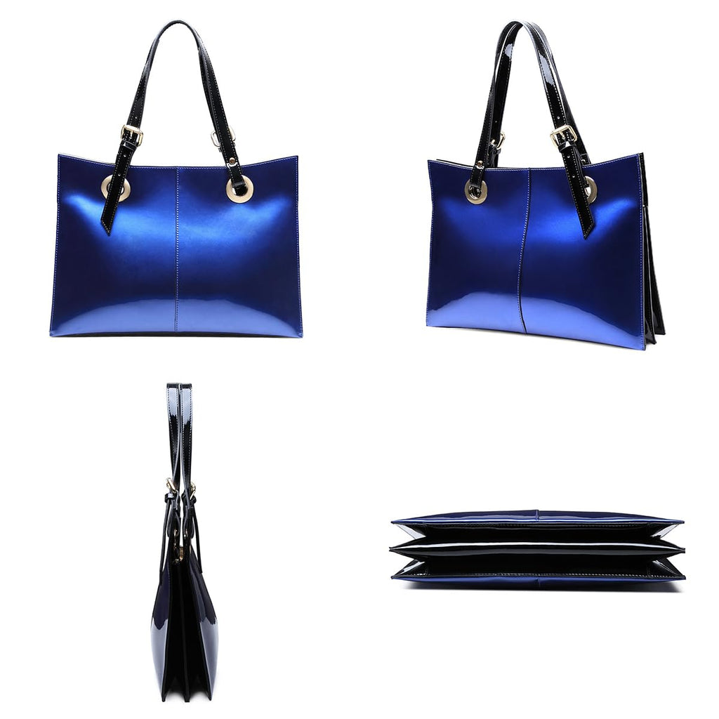 Genuine Leather Purses and Handbag for Women, Large Leather Capacity Work Tote Bag with Zipper, Convertible Designer Shoulder Bag for Commuting, Travel, Shopping Blue