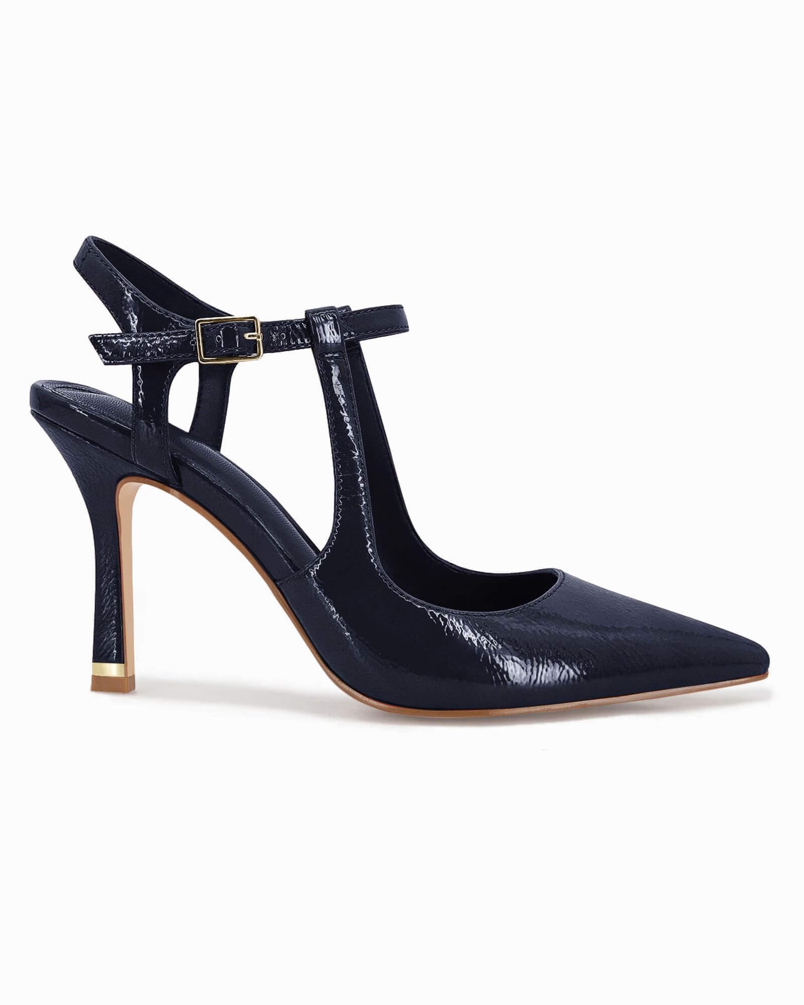 Coutgo Womens High Heels Pointed Toe Ankle Strap Pumps Patent Leather Sexy Stiletto Office Wedding Dress Shoes, Navy, Size 8
