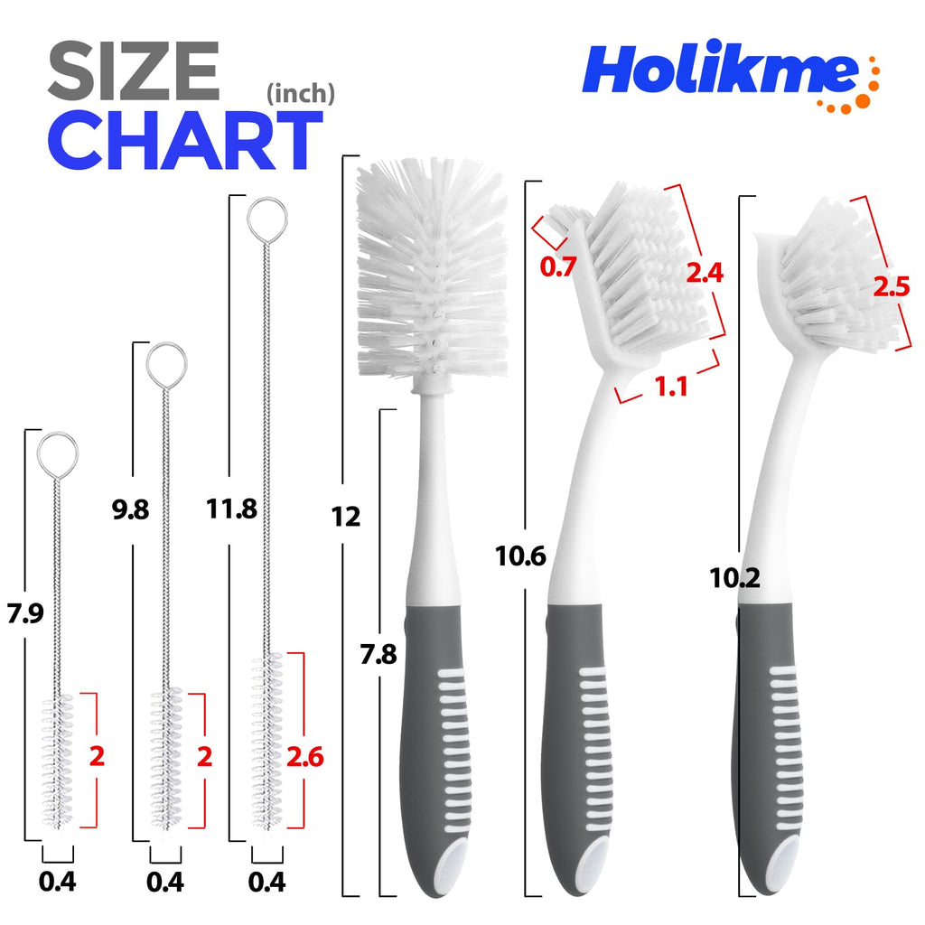 Holikme 6 Pack Dish Brush Set with Bottle Brush, Dish Scrub Brush, Pan Brush and 3 Straw Brushes, Deep Cleaning Handle Brush with Scraper Tip for Kitchen Sink Dishes Bottle Cup Pot and Pans (Gray)