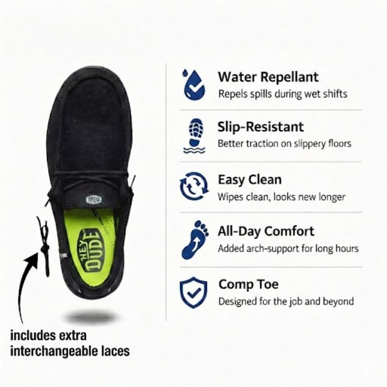 HEYDUDE Wally Work CT Wide Black/Black Size 10, Mens Shoes, Slip-on Loafers, Comfortable & Light-Weight