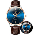 OLEVS Dress Watches Mens Brown Leather Band Waterproof Casual Large Blue Dial Watch for Men Original Classic Stainless Steel Case Luxury Analog Simple Watch Men Classy Fashion Business Watch for Men