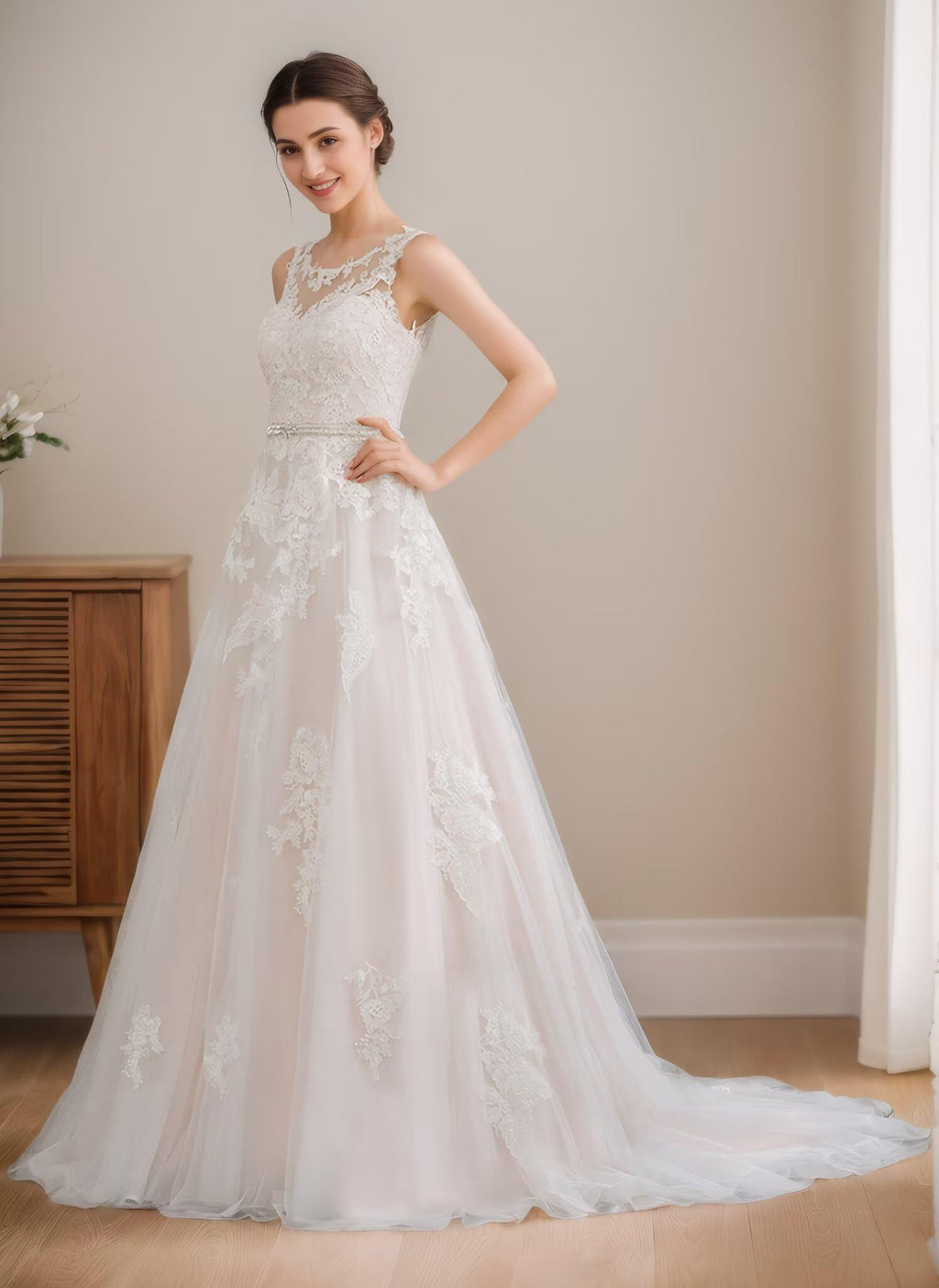 A-Line Bridal Gowns for Women Long Formal Wedding Dresses Lace Appliques Sleeveless Bridal Dresses for Bride 2026 Ivory 6 N1